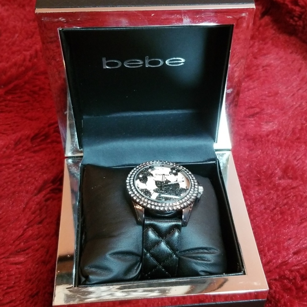 Bebe black quilted band w/ crystals watch